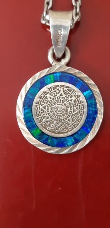 Sterling Silver blue-green opal aztec calendar