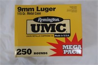 250 Rds Remington UMC 9mm Luger 115 Gr Metal CAse