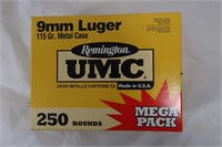 250 Rds Remington UMC 9mm Luger 115 Gr Metal CAse