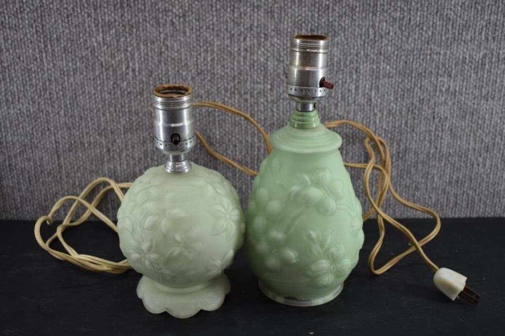 2 Vintage Frosted Green Glass Lamps