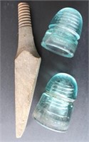 TWO GLASS INSULATORS and PEG
