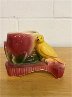 Vintage Maroon Planter Yellow Bird Parakeet