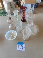 Misc glassware, small kerosene lamp