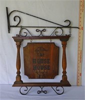 Hanging Wooden Sign w/ Metal Scroll Accents