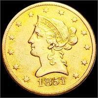 1851-O $10 Gold Quarter Eagle NEARLY UNC