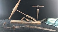 Antique Tools - Augur, Hay Cutter, Plane, Dibbler