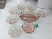 pink depression glass bowls, relish tray