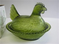 Glass Hen on a Nest (Olive Green) No.2562