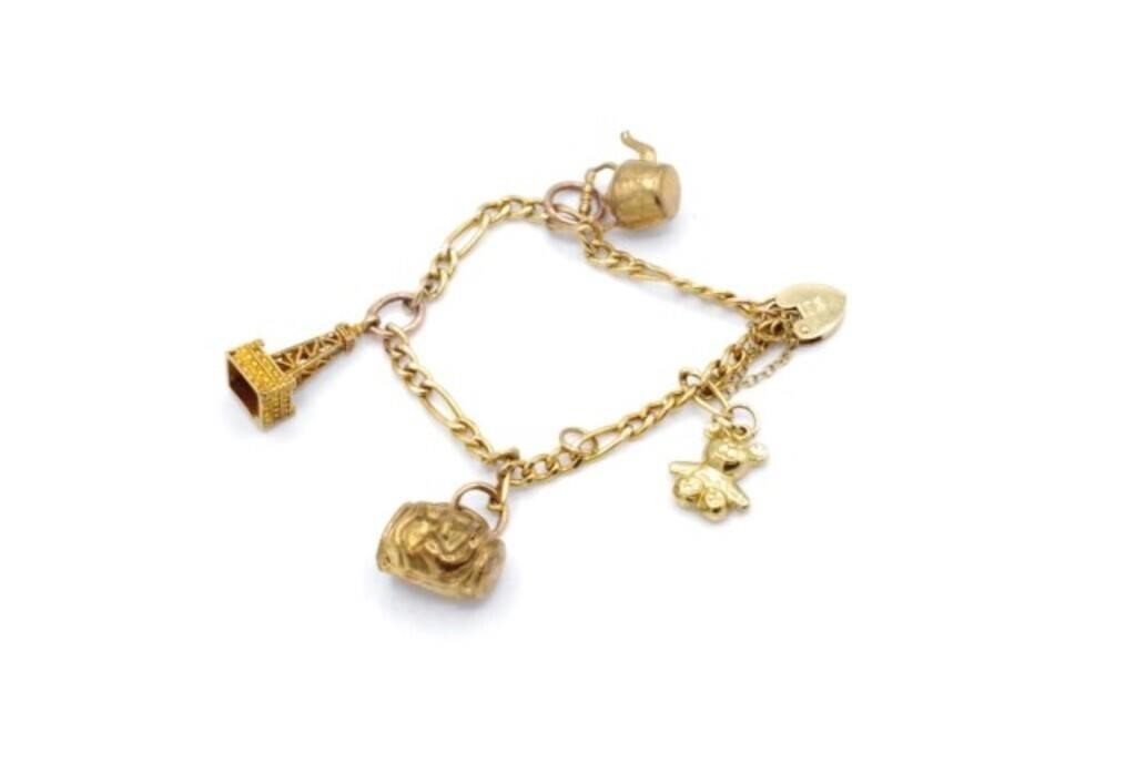 9ct yellow gold charms & figaro chain bracelet