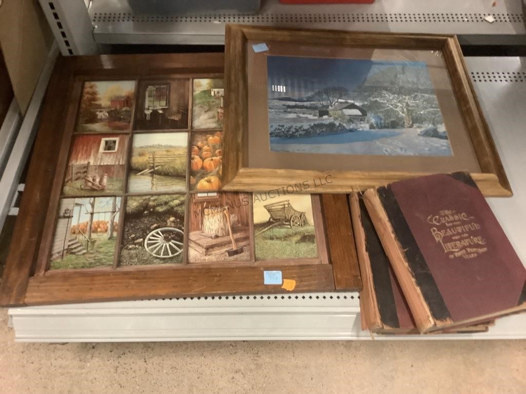 Vintage wood framed wall art, antique books.