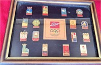 COCA COLA OLYMPIC PINS IN GLASS FRAMED CASE 10X13