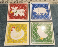 4 vtg Art Ceramic Tile Trivet Coaster Set Country