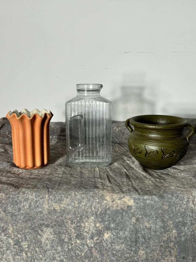 Pottery Pieces and Modern Refrigerator Pitcher
