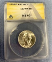 1939 D silver Washington quarter, MS62 by ANACS