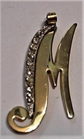 Initial Rhinestone Goldtone Pin Brooch 2"