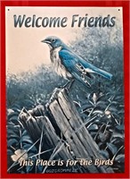 WELCOME FRIENDS Metal Sign with BLUE JAY BIRD Art