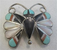 Zuni SS Multi Stone Inlay Butterfly Pin - Tested