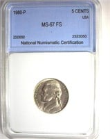 1980-P Nickel MS67 FS LISTS $250 IN 66FS