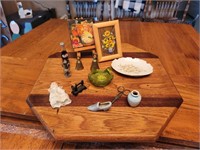 Miniatures on Hand Made Lazy Susan. Nesting Hen.