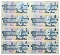 Bank of Canada 1986 $5 - Group of 8 In Sequence GE