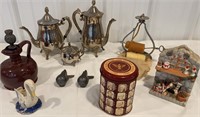 2 silver coffee urns and creamer, ceramic jug