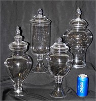 4 Different Glass Apothecary Jars w Lids