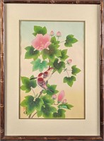 Framed Ukiyo-e Woodblock Print Sparrows & Hibiscus