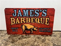 JAMES' BBQ METAL SIGN 14" X 8"