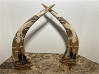 PAIR OF HORNS W/ DRAGONS CARVED ONTO THEM 18" TALL