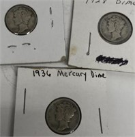 (3) Mercury Dimes 1928, 1936, 1945