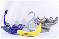 2 Murano Art Glass Swan, Dolphin Fruit Bowls