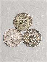 Three Six Pence Vintage Coins, 1921, 1951,1943D,