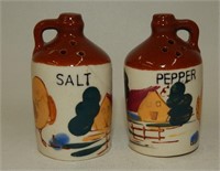 Vintage Whiskey Jugs with Painted Farm Scene
