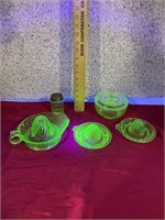 Uranium Glass Style Juicers & Covered Bowl