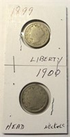 (2) Liberty Head Nickels 1899, 1900