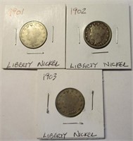 (3) Liberty Head Nickels 1901, 1902, 1903
