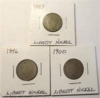 (3) Liberty Head Nickels 1887, 1896, 1900