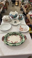 Christmas plates, tea pot, early church plates,