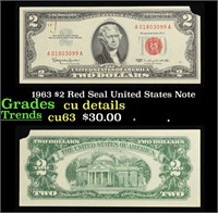 1963 $2 Red Seal United States Note Grades cu deta