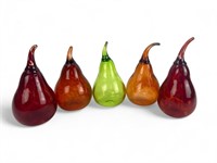 (5) Signed Handblown Glass Multi-Color Pears