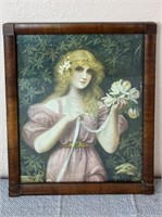 Vintage Framed Girl with Flowers Artwork