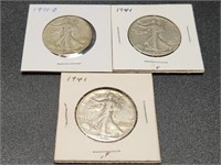 Three 1941 Walking Liberty Half Dollars