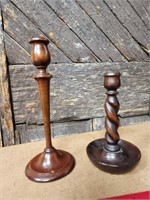 Lot of 2 antique wooden candlesticks,  one is