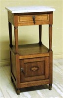 Marble Top Inlaid Oak Side Cabinet.