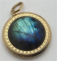 14k Gold Italy Reversible Pendant With Blue Stone