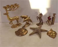 GROUP OF (8) BRASS ITEMS-SEASHELLS, DOLPHINS...