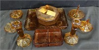 Group of amber glass items - tray, candle