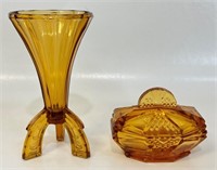 NICE VINTAGE AMBER GLASS COVERED DISH & VASE