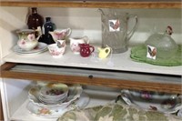 Shelf full w/depression glass & hand painted dish