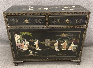 1940s Asian Chinoiserie Black Lacquered Buffet